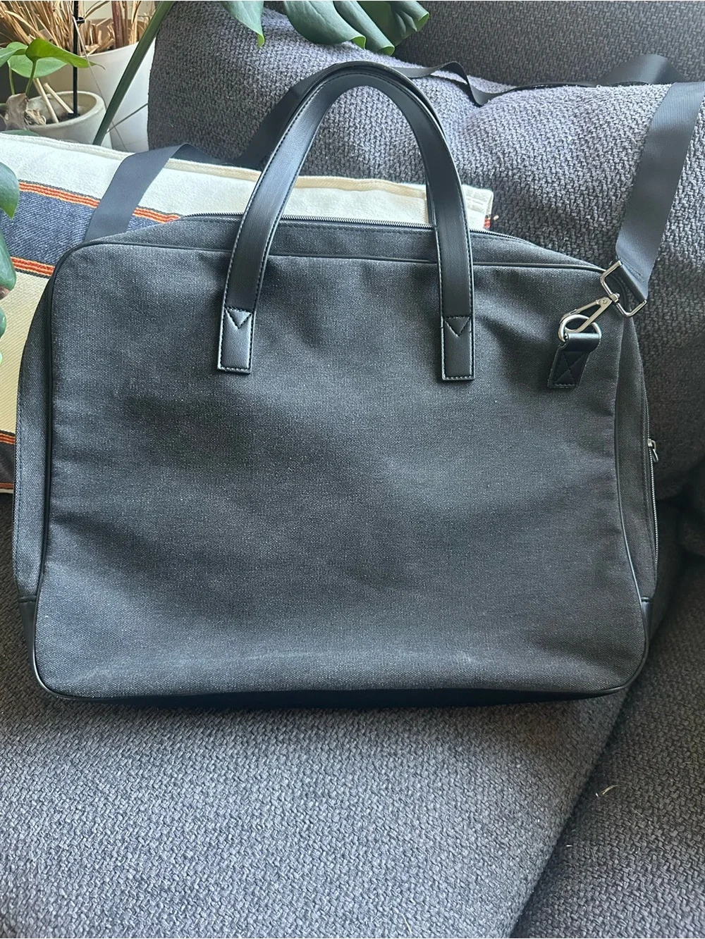 John Varvatos Men’s Gray Canvas Black Trim Laptop Briefcase Messenger Bag